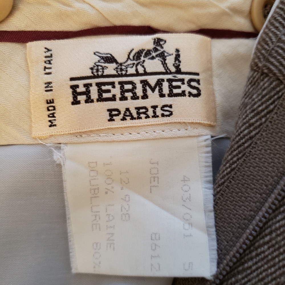Hermes men wool slacks dark gray and black and tan 90' style